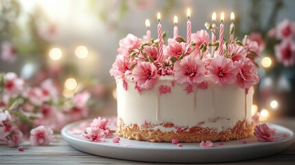 Naklejka premium Beautiful floral cake with pink flowers and candles, a perfect centerpiece for birthday celebrations, decorated with vivid blossoms and soft lighting for a dreamy ambiance