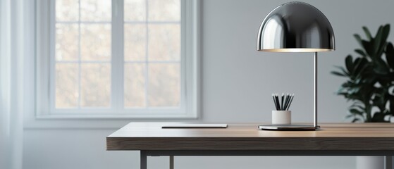 Lamp shade workspace concept. Modern desk with a stylish lamp, stationery holder, and a potted plant near a window, creating a serene workspace ambiance.
