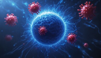 the image shows a blue cell with red cells floating around it.