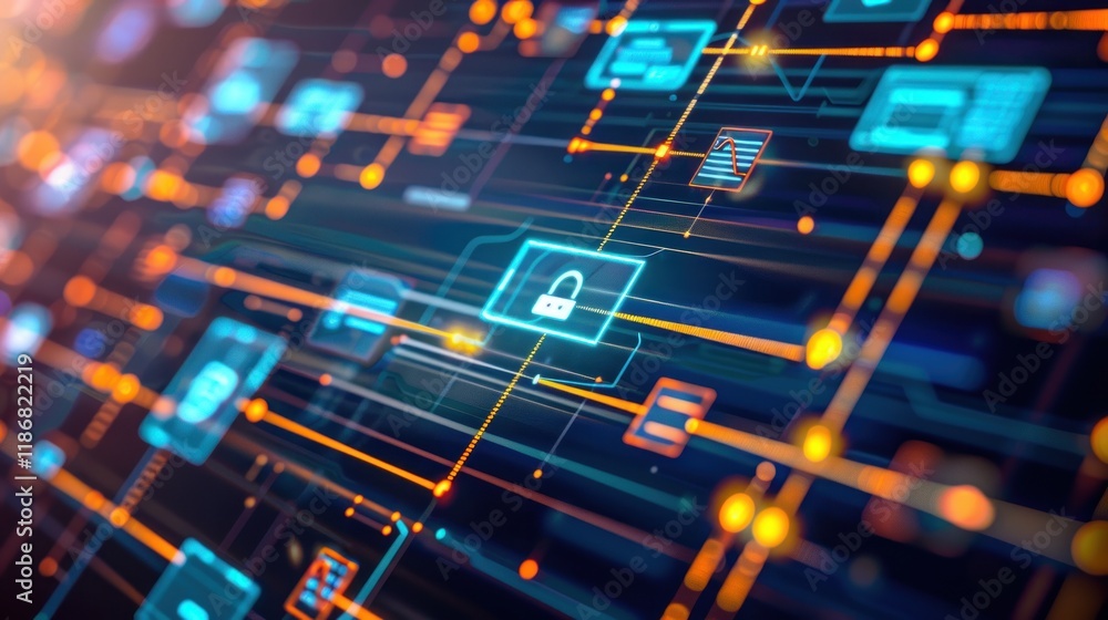 Aufkleber abstract digital network security concept with glowing lines and padlock icon.