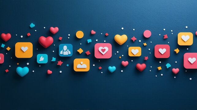 Social media interaction icons and symbols including hearts, stars, likes, and follows with some scattered around.