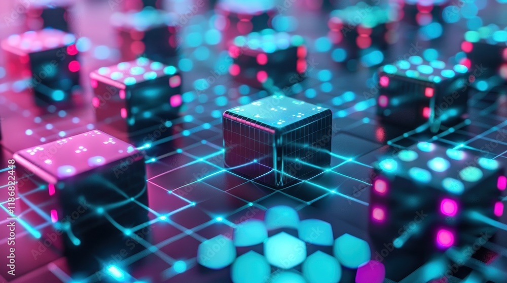 Poster network of glowing metallic cubes linked by neon lines.