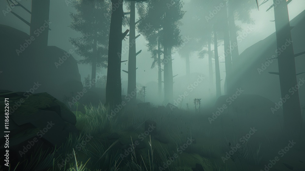 Poster mysterious foggy forest path with tall trees and rocks.