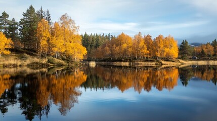 Obraz premium Scenic Autumn Landscape with Reflective Lake and Vibrant Birch Trees in Countryside : Generative AI