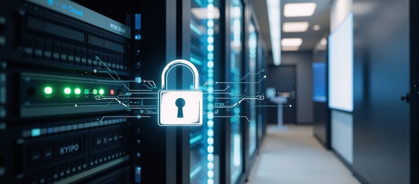 A vector-graphic illustration depicts a digital landscape of computer networks with cybercrime elements and secure digital locks crafted in Adobe Illustrator EPS 10 style - Powered by Adobe