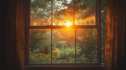 Sunset view through a window with condensation.