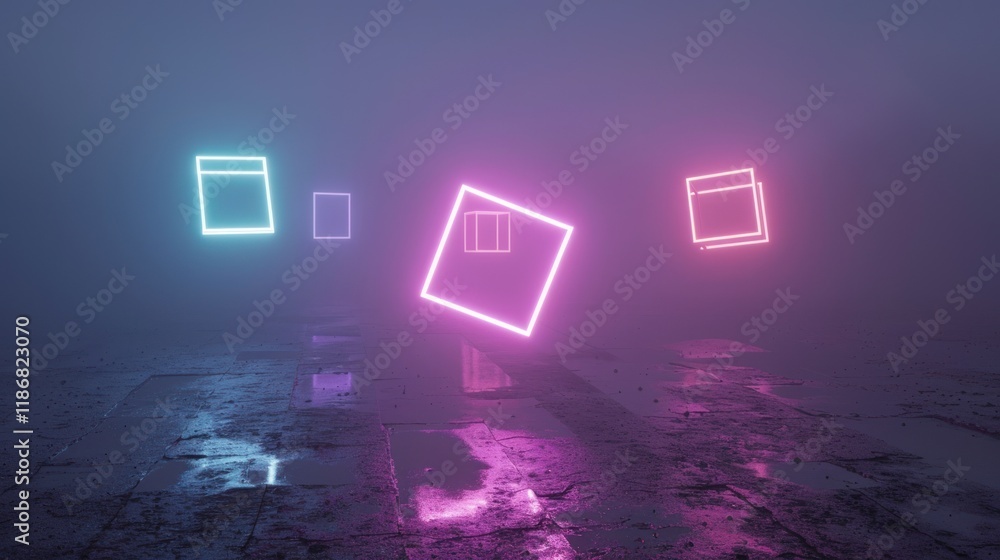 Poster glowing neon squares hover over a reflective surface in a hazy atmosphere.