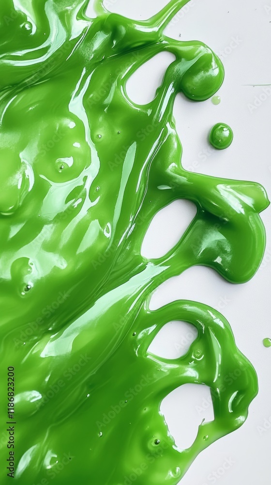 Poster vibrant green slime oozing, dripping across pristine white surface, creating dynamic textural visual