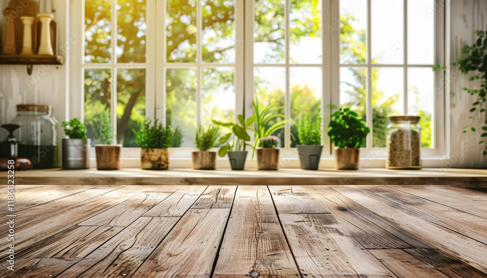 Poster wooden countertop with a sink and a window in the background. the sink is empty and the window is le