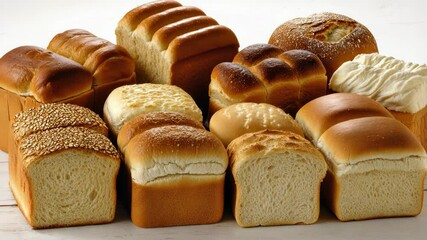 Various types of freshly baked bread loaves displayed on a wooden surface