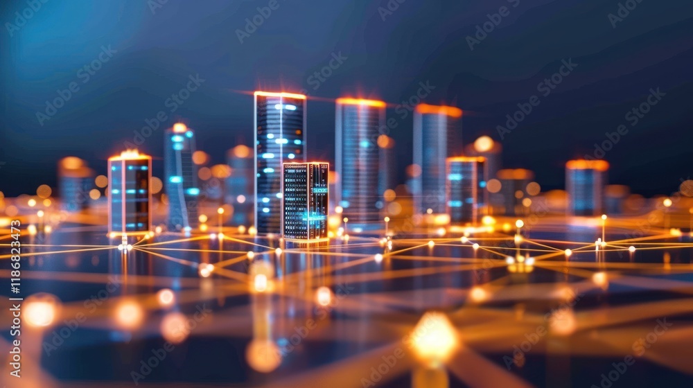 Poster futuristic cityscape representing data centers interconnected by a network.
