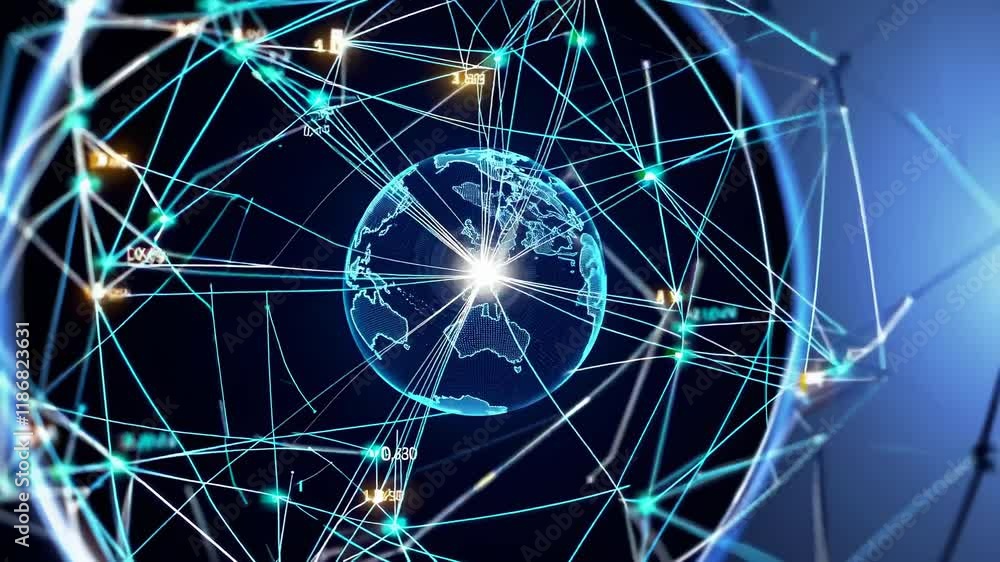 Poster exploring global connectivity through digital networks and technology advancements over time