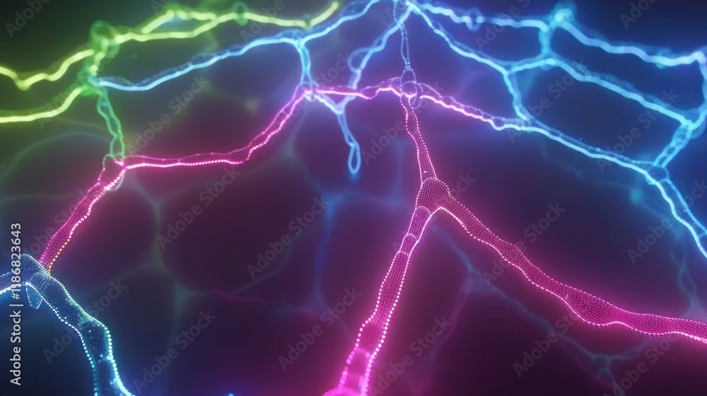 Aufkleber abstract neon light streaks forming a complex network pattern on a dark background.