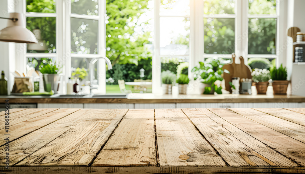 Poster wooden countertop with a sink and a window in the background. the sink is empty and the window is le
