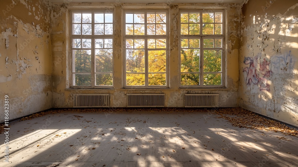 Poster sunlight streaming through abandoned room with autumn view outside : generative ai