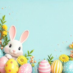 Easter greeting card with a cheerful design: pastel blue background, decorated eggs, a cute bunny, colorful spring flowers, and greenery. Perfect for celebrating the spirit of Easter and spring.