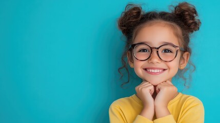 A young girl with glasses is smiling and looking at the camera