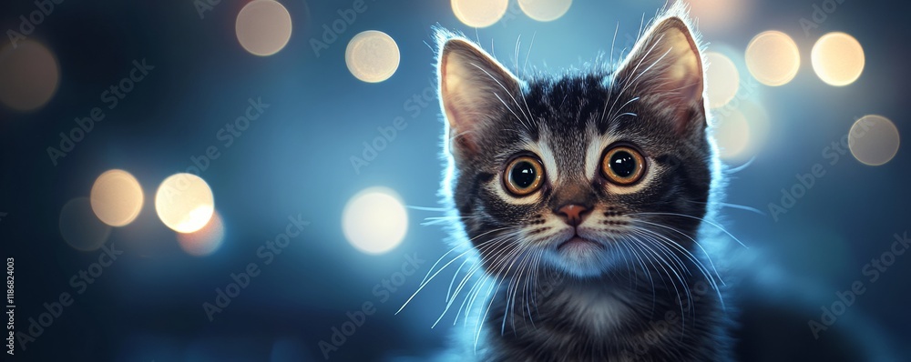 Poster adorable tabby kitten looking with curiosity, illuminated by soft bokeh lights creating a magical at