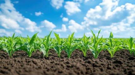 A field of green corn plants with a blue sky in the background