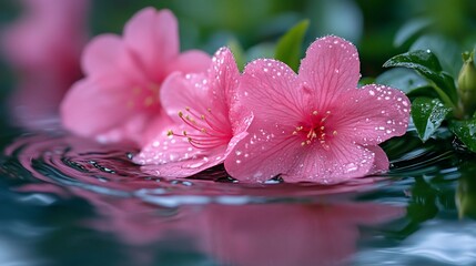 Pink flowers floating on water with dew drops.