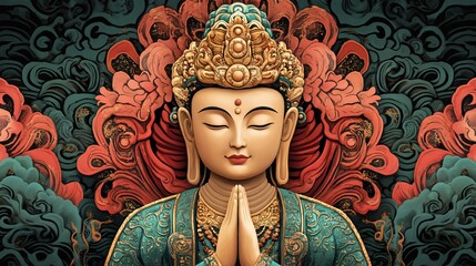 Buddha Statue with Ornate Headdress and Hands Together in Prayer Against Decorative Background.