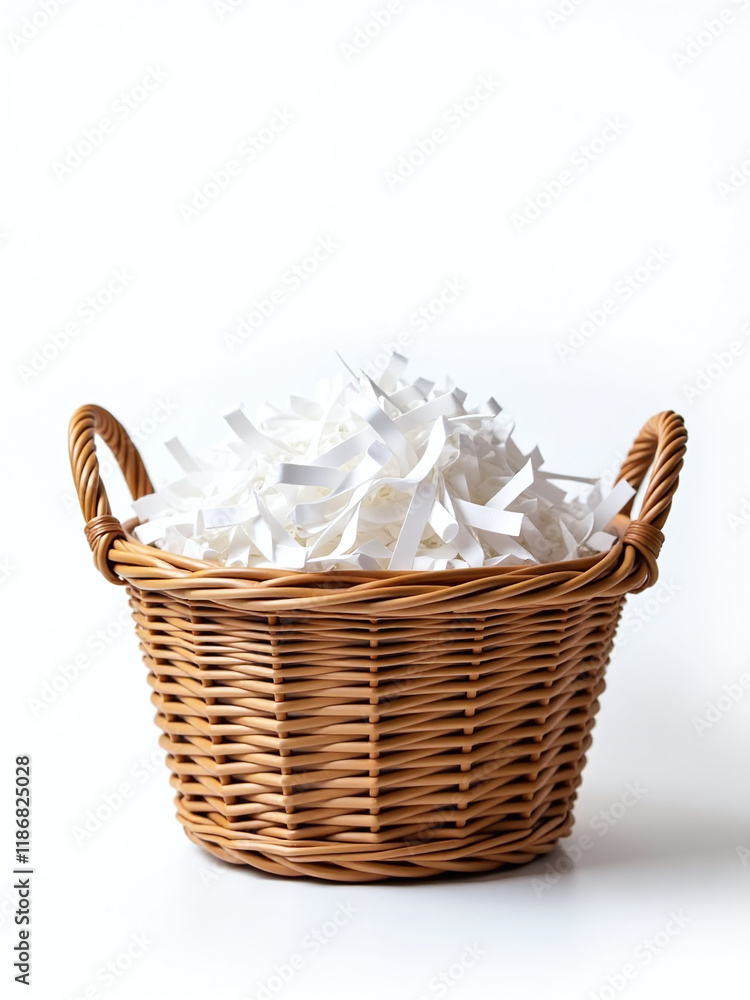 Poster A Wicker Basket Is Filled With Decorative Shredded White Paper And Sits Isolated Against A White Background With A Shallow Depth Of Field. 00002