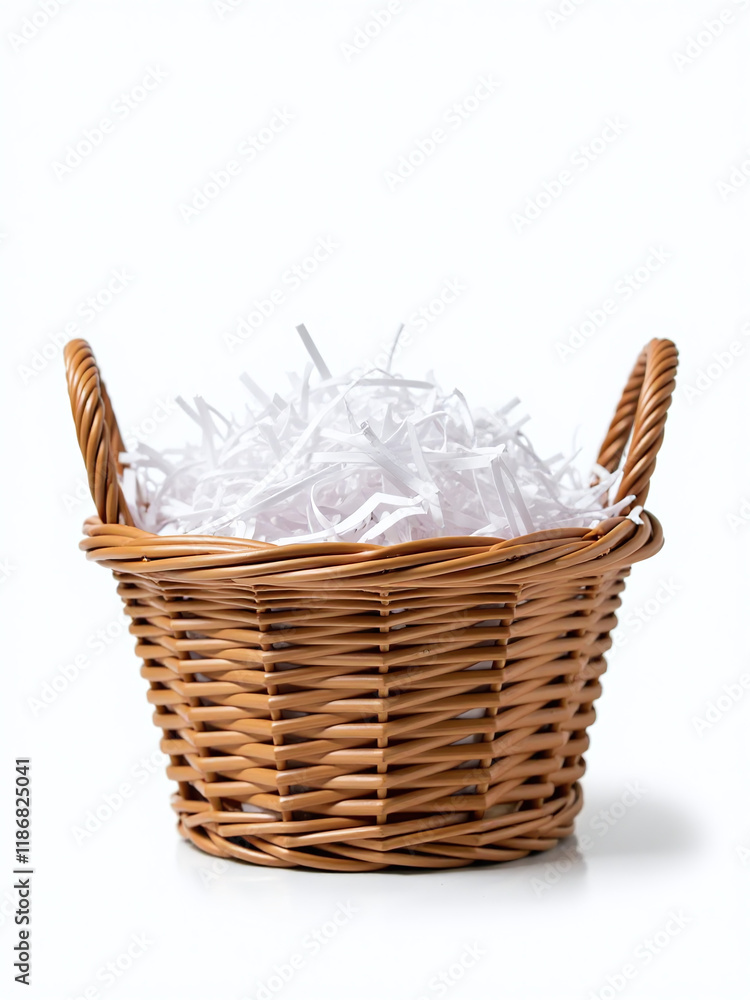 Poster A Wicker Basket Is Filled With Decorative Shredded White Paper And Sits Isolated Against A White Background With A Shallow Depth Of Field. 00003