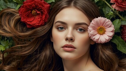 Naklejka premium Beautiful romantic young woman in a wreath of flowers posing on a background