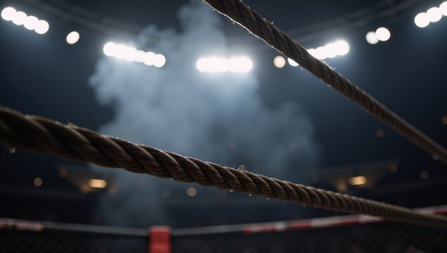 Close-up of a boxing ring with dramatic lighting and steam effects depicting a mock up of a professional sports event in an arena or octagon