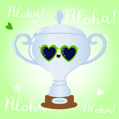 Cute cartoon Silver trophy cup wearing heart-shaped sunglasses on a light background. Vector hand drawn cartoon kawaii character illustration. Silver trophy cup character concept. Aloha card