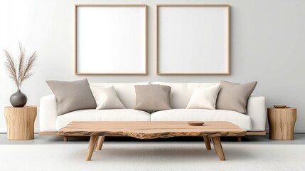 Boho Chic Scandinavian Living Room: Rustic Coffee Table & Mock Up Posters Against White Wall