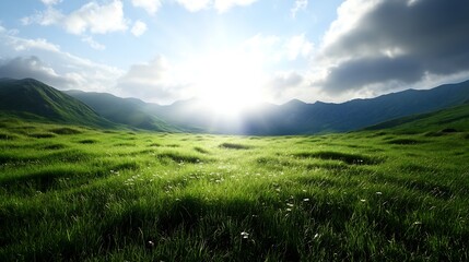Fototapeta premium Scenic Lush Green Grass Field in a Mountain Valley with Bright Sunlight : Generative AI