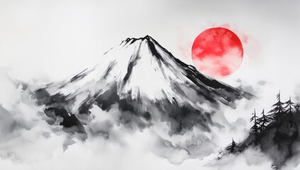 Watercolor Ink Wash Painting of Mount Fuji with Rising Red Sun, Traditional Japanese Art Style