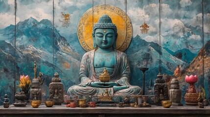 Obraz premium The statue of Buddha sits on a table surrounded by various objects.