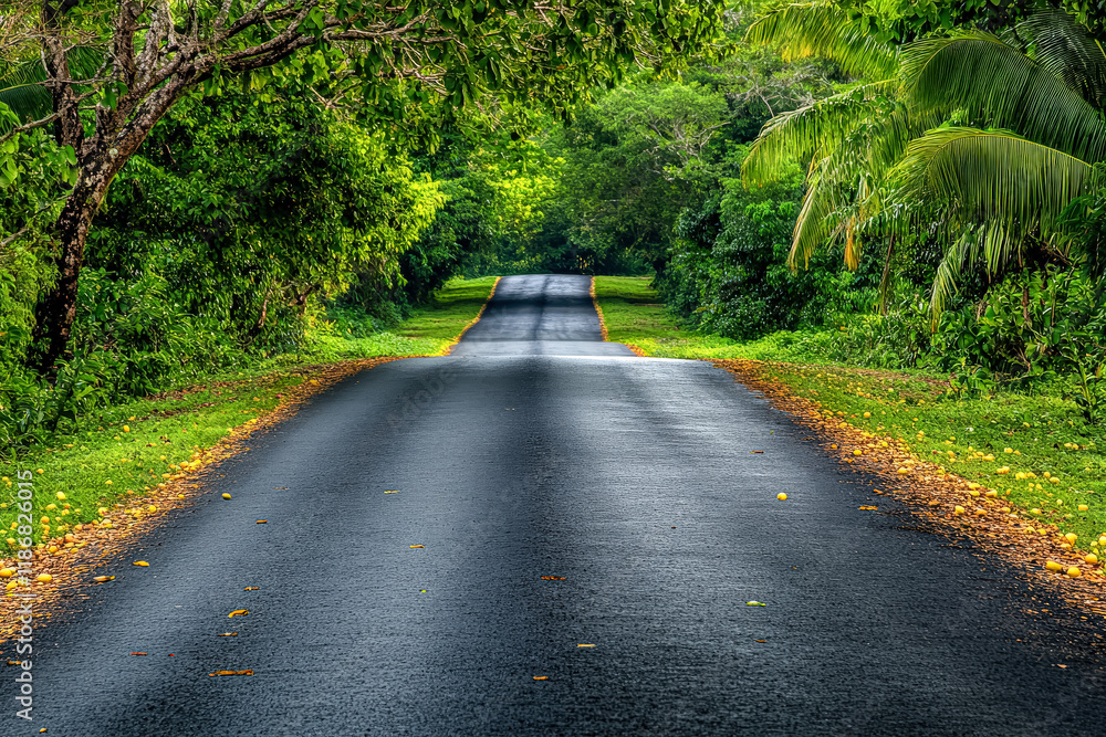 Poster road with trees on either side and a few leaves on the ground. the road is empty and the trees are g