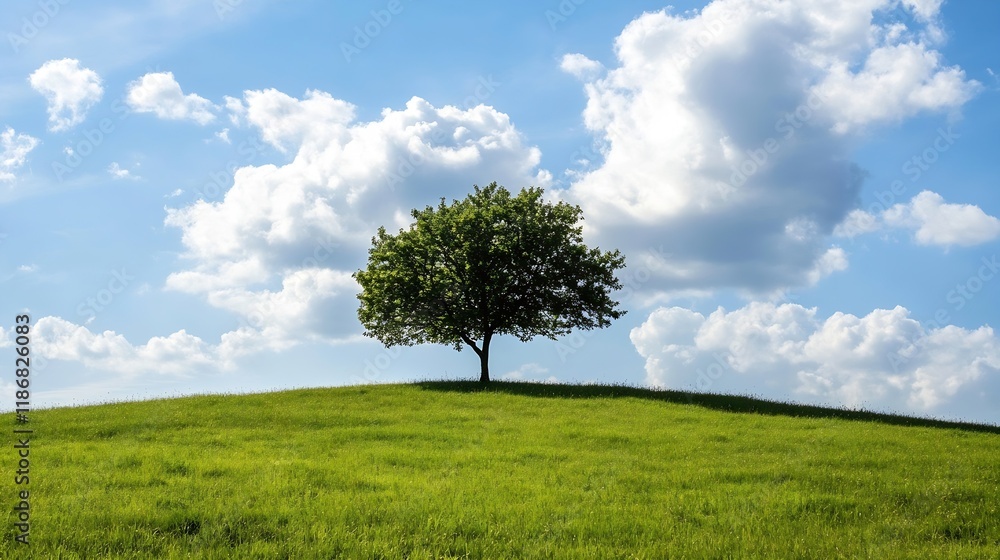 Aufkleber solitary tree on hilltop under blue sky with fluffy clouds : generative ai