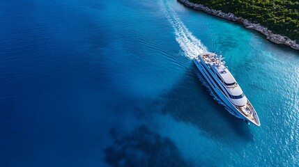 Fototapeta premium Luxury Yacht Sailing in Tranquil Turquoise Waters Along Idyllic Rocky Coastline : Generative AI