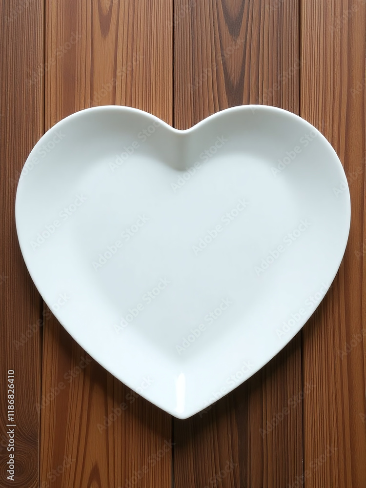 Poster A White Plate Shaped Like A Heart Is Placed On A Wooden Background Creating A Unique Table Setting. 00002