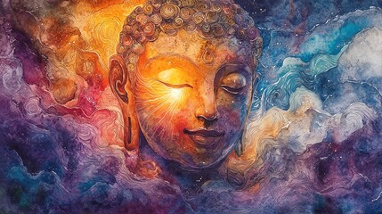 Buddha in Space: A Watercolor Painting of a Serene Face Surrounded by Celestial Colors and Patterns.