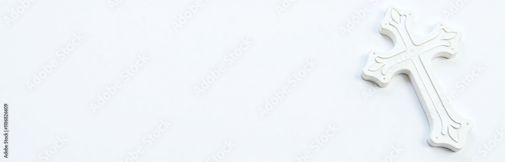 Poster a white ornate cross sits on a white background, providing a clean design element for text overlay a