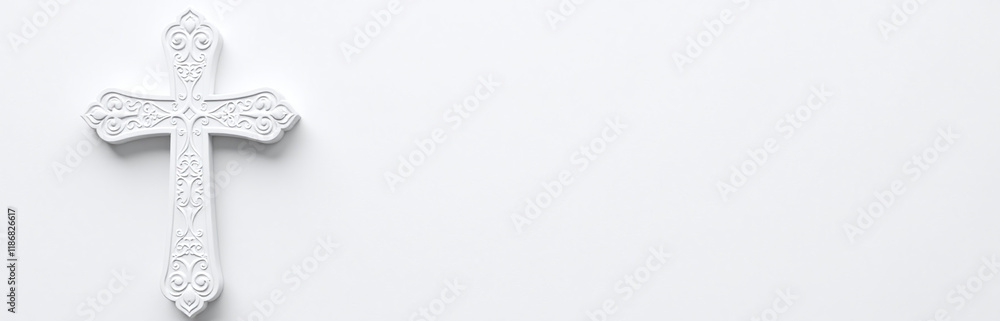Poster a white ornate cross sits on a white background, providing a clean design element for text overlay a