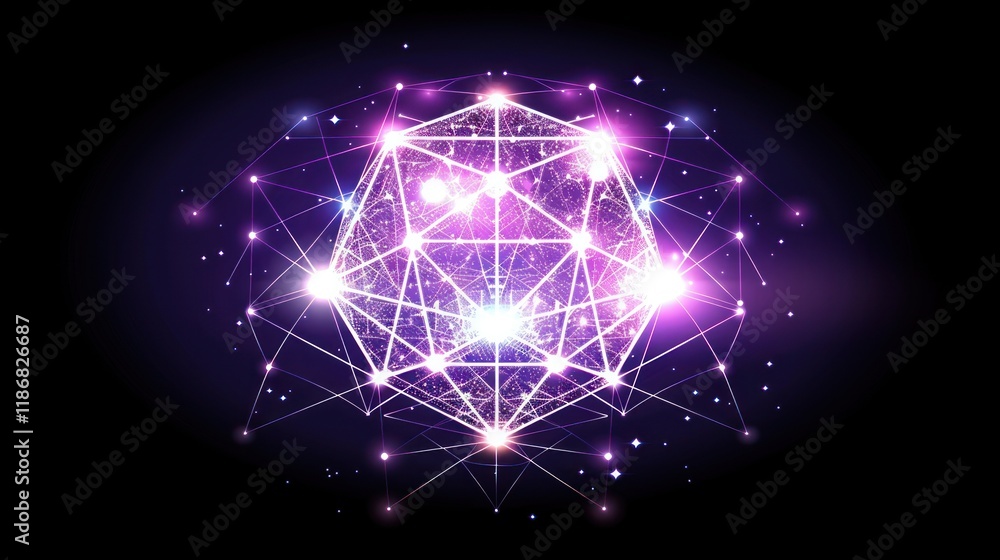 Poster glowing purple geometric sphere with connecting lines and nodes on black background.