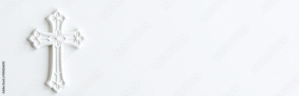 Poster a white ornate cross sits on a white background, providing a clean design element for text overlay a