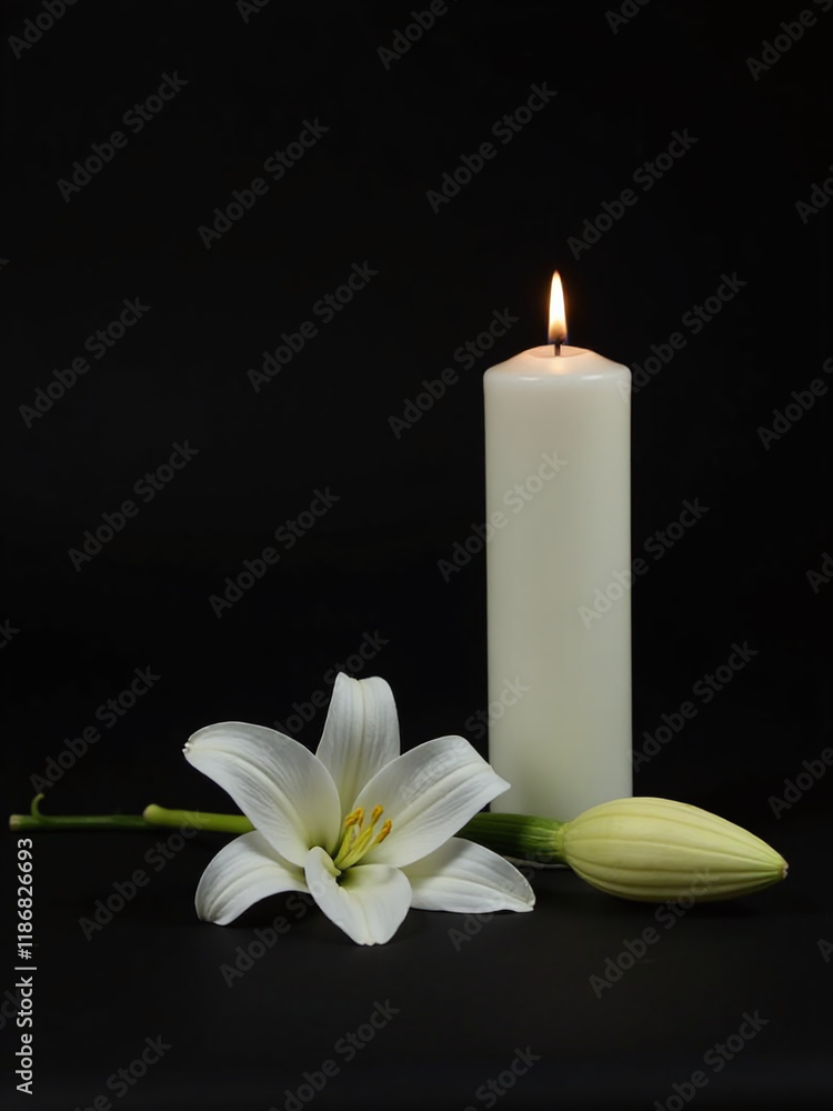 Poster a white lily is placed next to a candle on a black background with ample copy space available. 00002