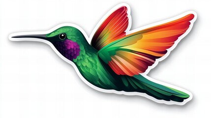 Obraz premium Vibrant hummingbird in flight, showcasing a spectrum of colors against a white background.