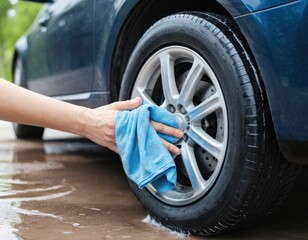 Hand wiping a car wheel with a blue cloth...Concept: Car detailing, final stage of washing, tire care, shine finish