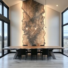 Rustic Live Edge Dining Table in Modern Dining Room with Wild Stone Cladding Wall