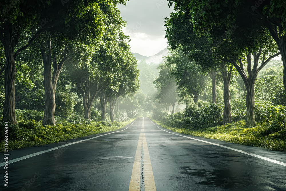 Poster road with palm trees on either side. the road is empty and the trees are lush and green