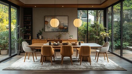 Obraz premium Modern Dining Room With Wooden Table And Garden View