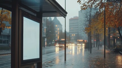 Fototapeta premium An advertising screen on a bus stop shelter during a cloudy day, street scene in the background